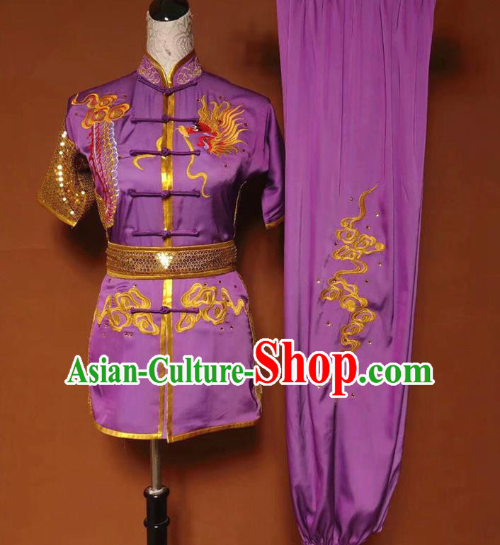 Chinese Tai Chi Changquan Embroidered Dragon Purple Garment Outfits Traditional Kung Fu Martial Arts Costumes for Adult