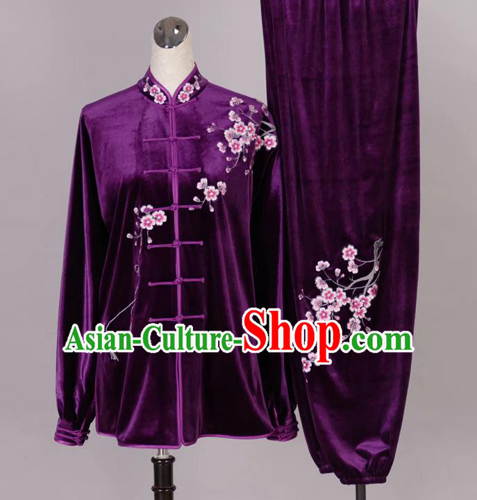 Chinese Tai Chi Embroidered Plum Purple Velvet Garment Outfits Traditional Kung Fu Martial Arts Training Costumes for Adult