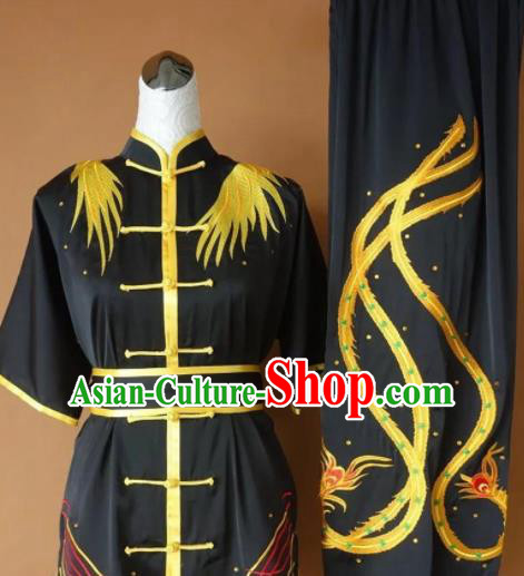 Chinese Tai Chi Changquan Embroidered Phoenix Black Garment Outfits Traditional Kung Fu Martial Arts Costumes for Adult