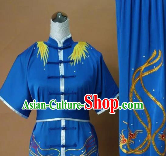 Chinese Tai Chi Changquan Embroidered Phoenix Royalblue Garment Outfits Traditional Kung Fu Martial Arts Costumes for Adult