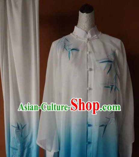 Chinese Tai Chi Changquan Embroidered Bamboo Blue Garment Outfits Traditional Kung Fu Martial Arts Costumes for Adult