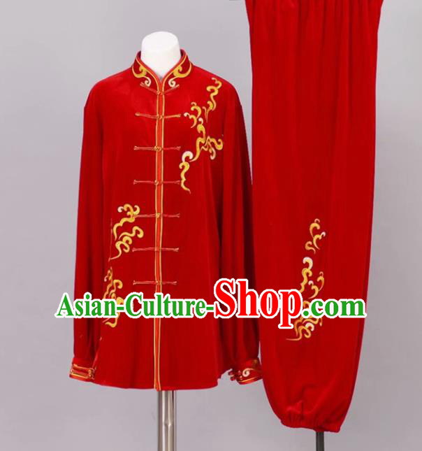 Chinese Tai Chi Red Velvet Garment Outfits Traditional Kung Fu Martial Arts Training Costumes for Adult