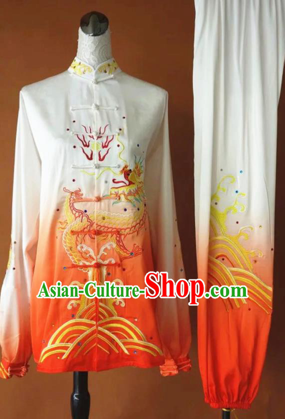 Chinese Martial Arts Changquan Embroidered Orange Silk Garment Outfits Traditional Tai Chi Kung Fu Costumes for Adult