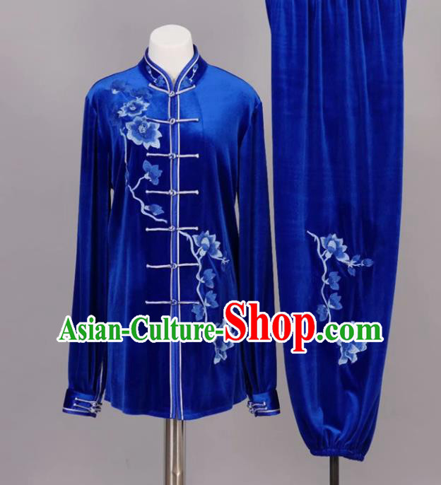 Chinese Tai Chi Embroidered Magnolia Royalblue Velvet Garment Outfits Traditional Kung Fu Martial Arts Training Costumes for Adult