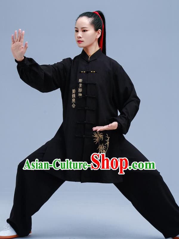 Chinese Traditional Kung Fu Embroidered Black Outfit Martial Arts Competition Costumes for Women