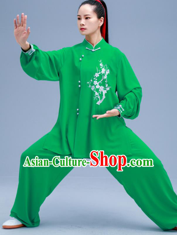 Chinese Traditional Kung Fu Embroidered Plum Green Outfits Martial Arts Competition Costumes for Women