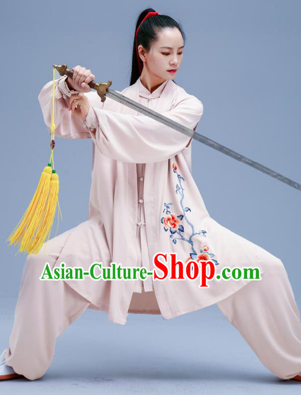 Chinese Traditional Kung Fu Embroidered Peony Beige Outfits Martial Arts Competition Costumes for Women