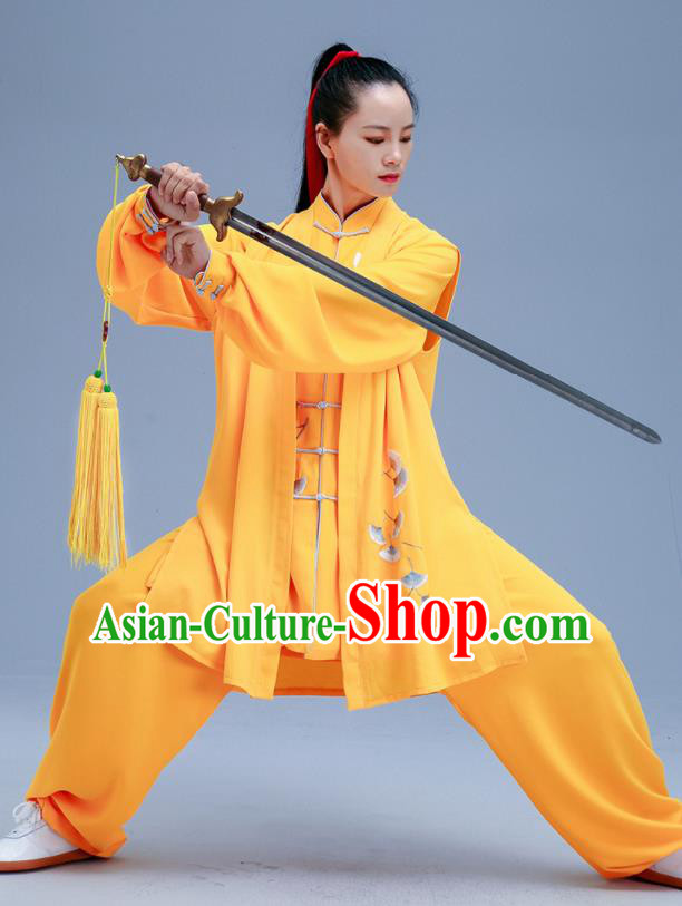 Chinese Traditional Kung Fu Embroidered Ginkgo Leaf Yellow Outfits Martial Arts Competition Costumes for Women