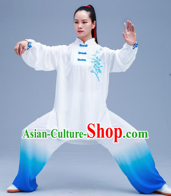 Chinese Traditional Kung Fu Gradient Blue Outfits Martial Arts Competition Costumes for Women