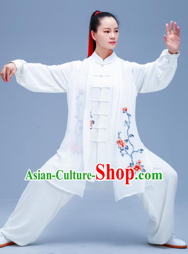 Chinese Traditional Kung Fu Embroidered Peony White Outfits Martial Arts Competition Costumes for Women