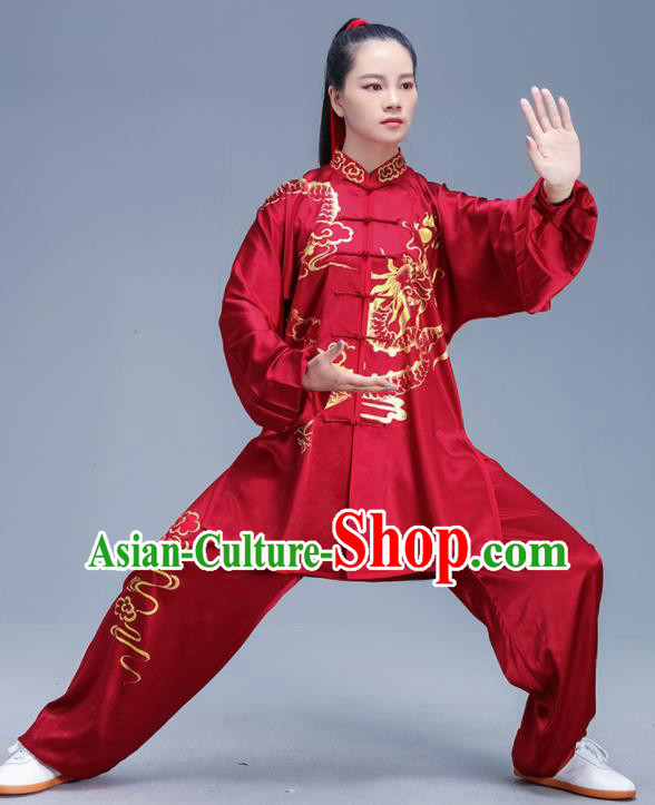 Chinese Traditional Kung Fu Red Silk Outfits Martial Arts Competition Costumes for Women