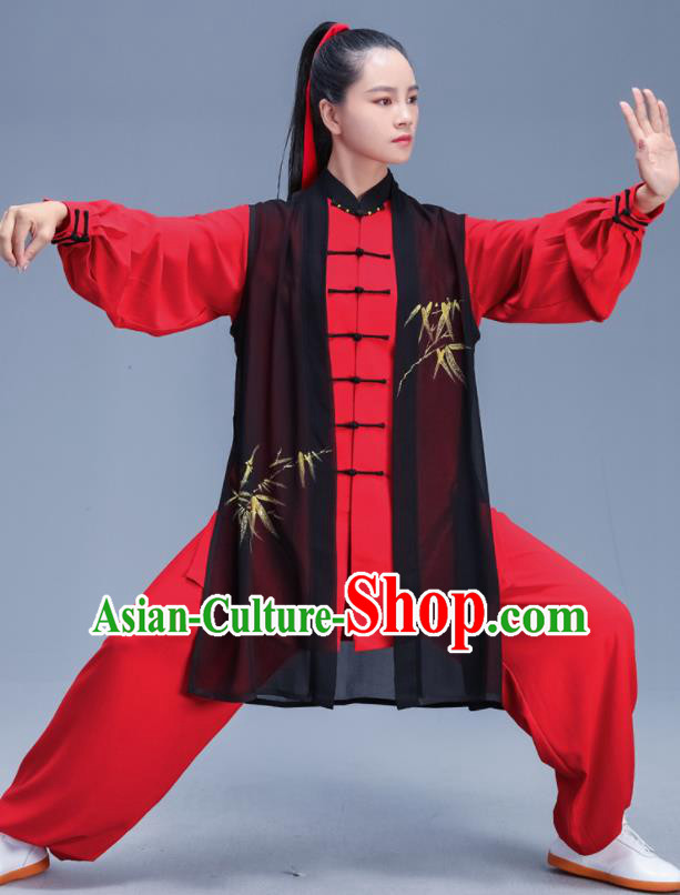 Chinese Traditional Kung Fu Printing Bamboo Red Outfits Martial Arts Competition Costumes for Women