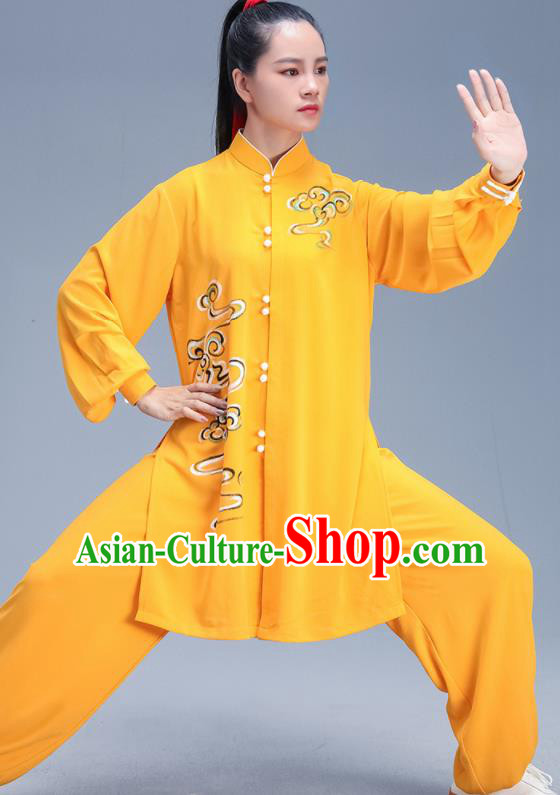 Chinese Traditional Kung Fu Competition Printing Yellow Outfits Martial Arts Stage Show Costumes for Women