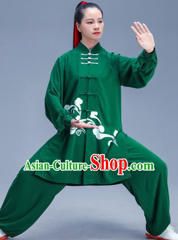 Chinese Traditional Kung Fu Competition Printing Green Outfits Martial Arts Stage Show Costumes for Women