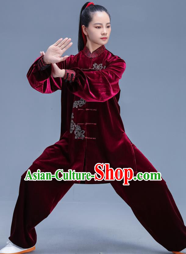 Chinese Traditional Kung Fu Competition Wine Red Velvet Outfits Martial Arts Stage Show Costumes for Women