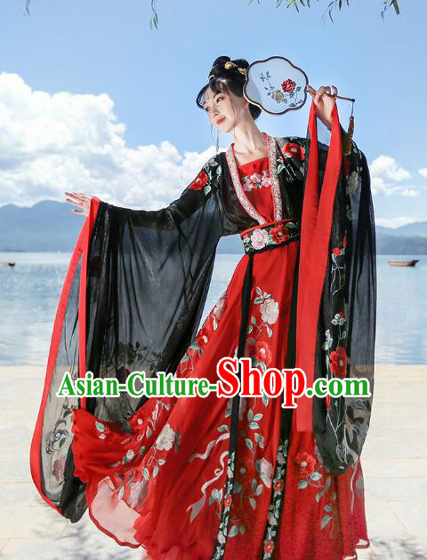 Traditional Chinese Embroidered Peony Red Hanfu Dress Ancient Princess Goddess Empress Costumes for Women