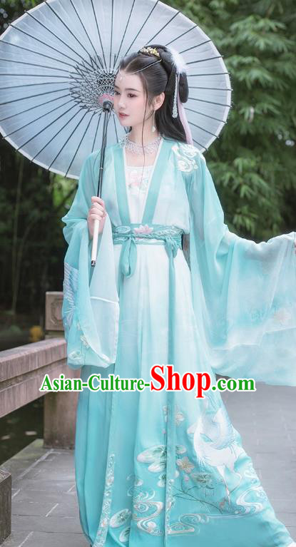 Traditional Chinese Song Dynasty Embroidered Green Hanfu Dress Ancient Goddess Empress Costumes for Women