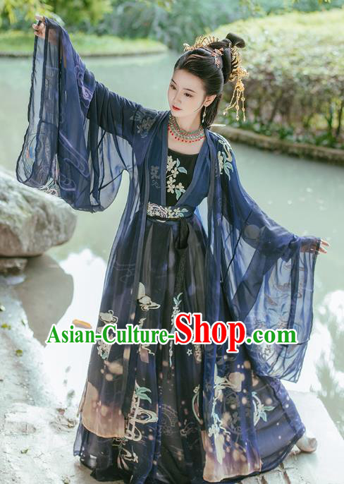 Traditional Chinese Tang Dynasty Imperial Consort Embroidered Navy Hanfu Dress Ancient Empress Costumes for Women