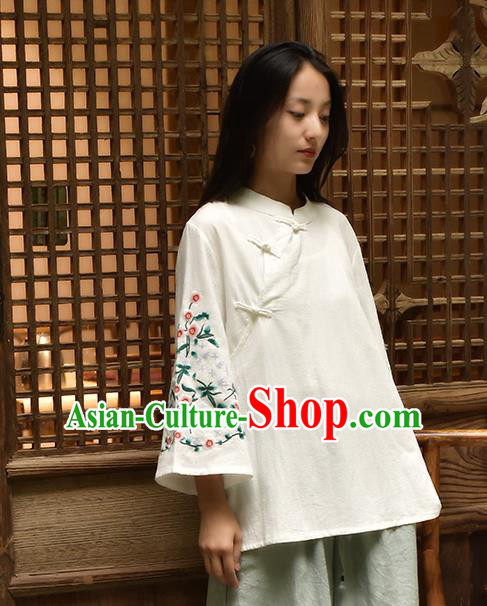 Chinese Tai Chi Embroidered White Flax Blouse Traditional Tang Suit Costume for Women