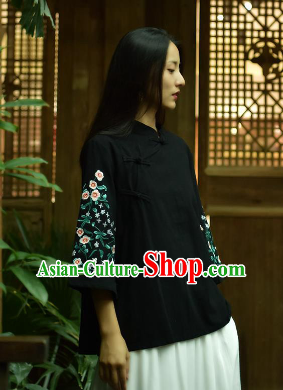 Chinese Tai Chi Embroidered Black Flax Blouse Traditional Tang Suit Costume for Women