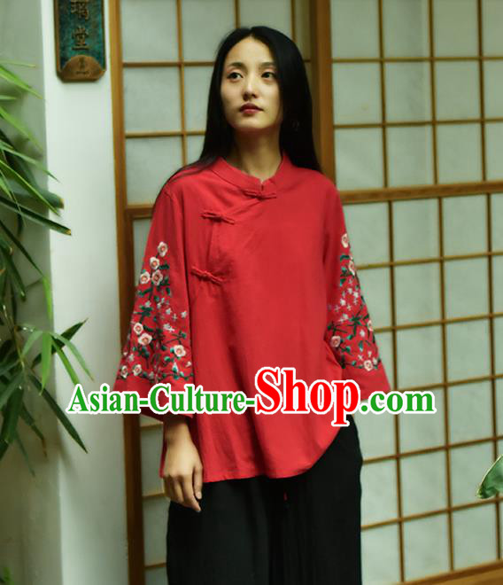 Chinese Tai Chi Embroidered Red Flax Blouse Traditional Tang Suit Costume for Women