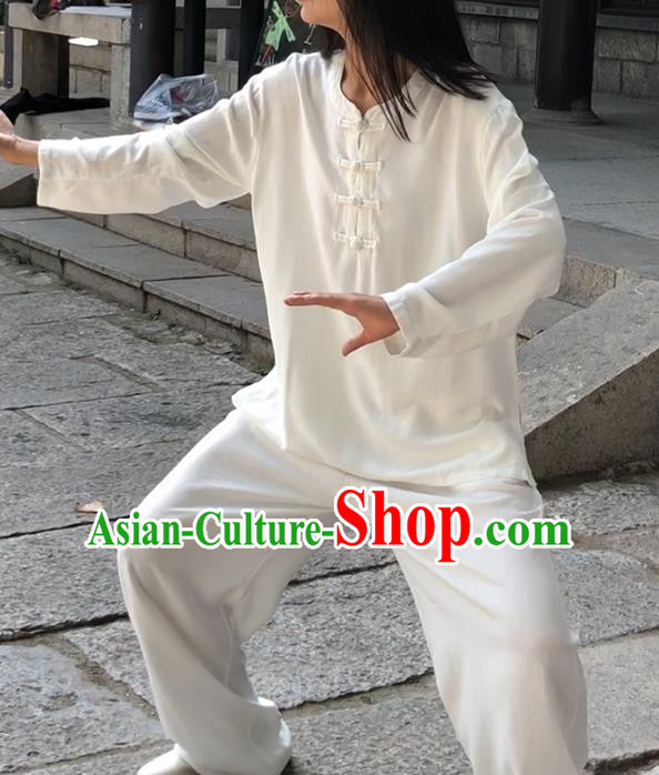 Chinese Martial Arts White Flax Garment Outfits Traditional Tai Chi Kung Fu Costumes for Adult