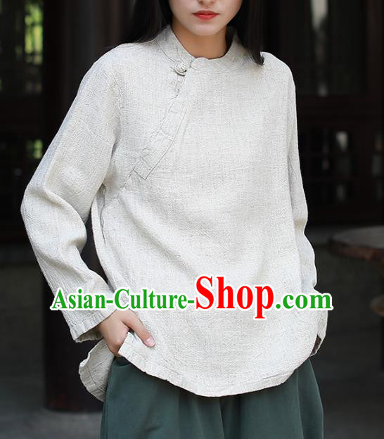 Chinese Tai Chi White Flax Blouse Traditional Tang Suit Costume for Women