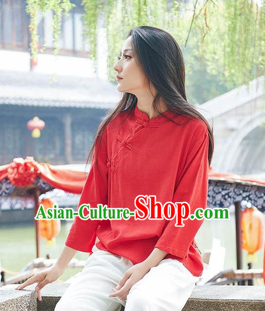 Chinese Tang Suit Red Flax Slant Opening Blouse Traditional Tai Chi Costume for Women