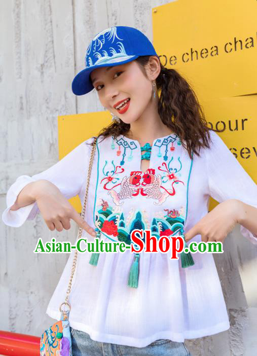 Chinese Embroidered Carps White Shirt Upper Outer Garment Traditional Tang Suit Costume for Women