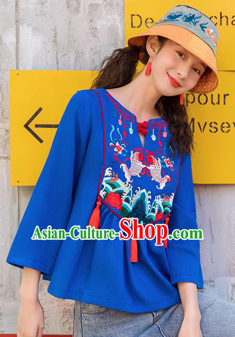 Chinese Embroidered Carps Royalblue Shirt Upper Outer Garment Traditional Tang Suit Costume for Women