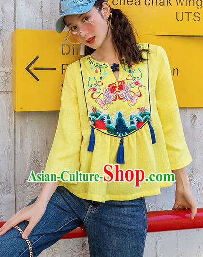 Chinese Embroidered Carps Yellow Shirt Upper Outer Garment Traditional Tang Suit Costume for Women