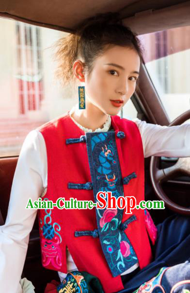 Chinese Embroidered Red Vest Upper Outer Garment Traditional Tang Suit Waistcoat Costume for Women