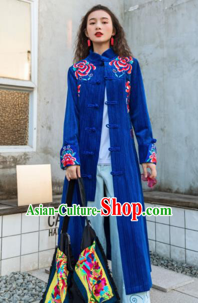 Chinese Traditional Embroidered Royalblue Dust Coat National Overcoat Costumes for Women