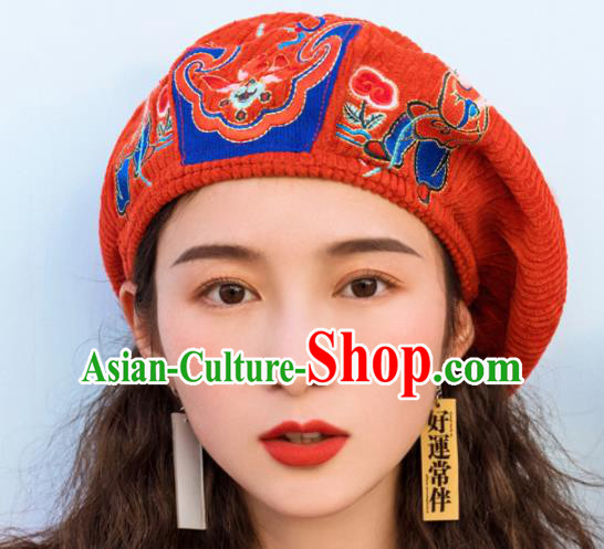 Chinese Traditional Embroidered Red Corduroy Hat National Beret Hat for Women