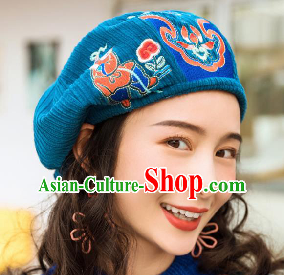 Chinese Traditional Embroidered Blue Corduroy Hat National Beret Hat for Women