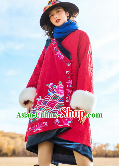 Chinese Traditional Embroidered Peony Red Cotton Padded Coat National Overcoat Costumes for Women