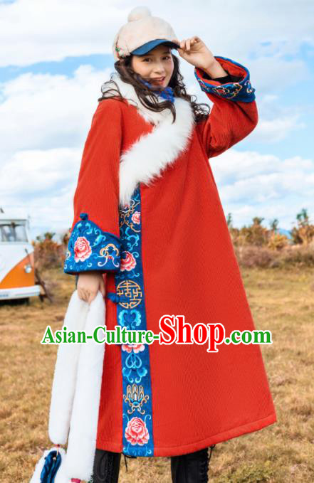 Chinese Traditional Embroidered Red Woolen Dust Coat National Overcoat Costumes for Women