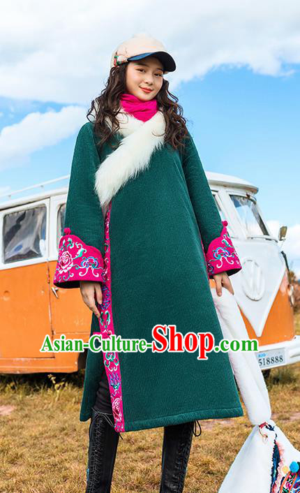 Chinese Traditional Embroidered Green Woolen Dust Coat National Overcoat Costumes for Women