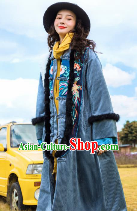 Chinese Traditional Embroidered Grey Cotton Padded Dust Coat National Overcoat Costumes for Women