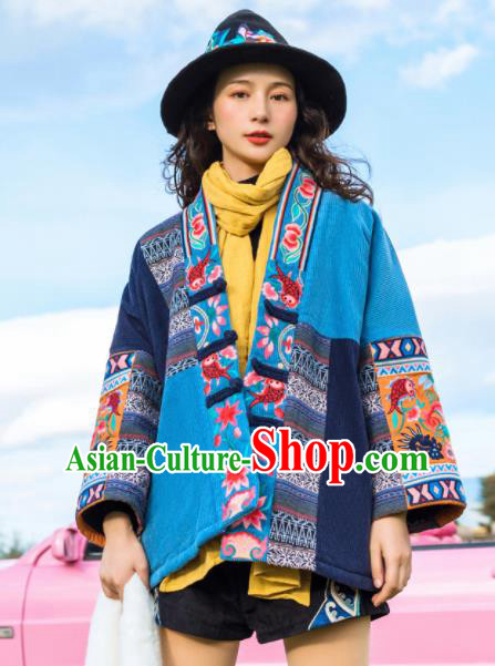 Chinese Traditional Embroidered Blue Cotton Padded Jacket National Overcoat Costumes for Women