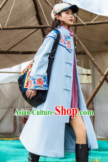 Chinese Traditional Embroidered Peony Blue Woolen Dust Coat National Overcoat Costumes for Women