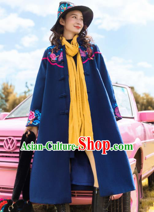 Chinese Traditional Embroidered Peony Navy Woolen Dust Coat National Overcoat Costumes for Women