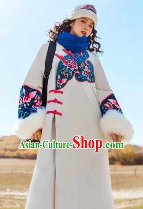 Chinese Traditional Embroidered Peony White Woolen Dust Coat National Overcoat Costumes for Women