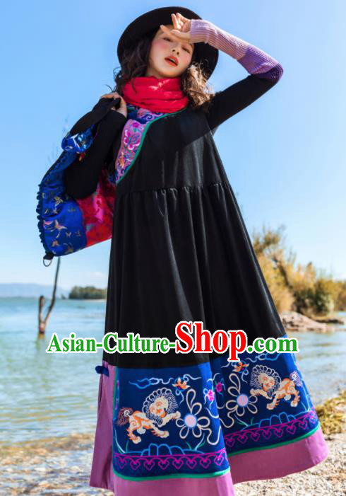 Chinese Traditional Embroidered Black Vest Dress National Cheongsam Costumes for Women