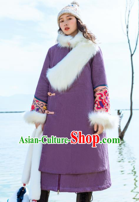 Chinese Traditional Embroidered Purple Corduroy Dust Coat National Overcoat Costumes for Women