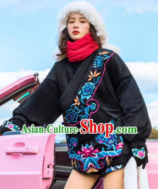 Chinese Traditional Embroidered Black Cotton Padded Jacket National Overcoat Costumes for Women