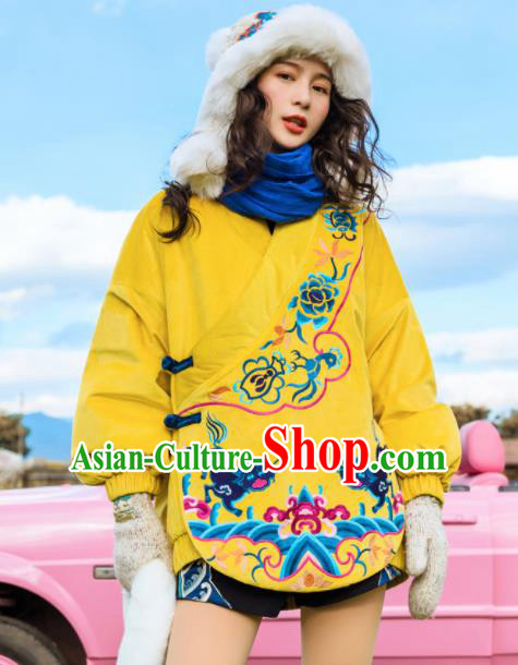 Chinese Traditional Embroidered Yellow Cotton Padded Jacket National Overcoat Costumes for Women