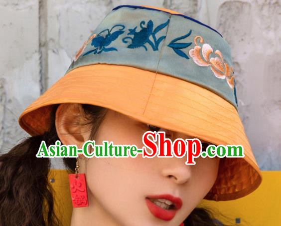 Chinese Traditional Hanfu Embroidered Green Hat National Bucket Hat for Women