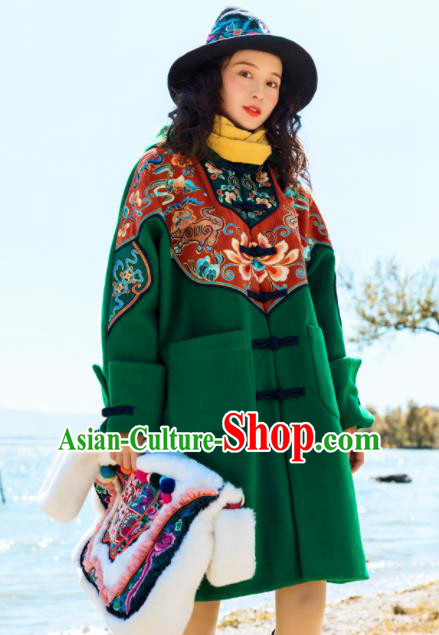 Chinese Traditional Embroidered Green Woolen Jacket National Overcoat Costumes for Women