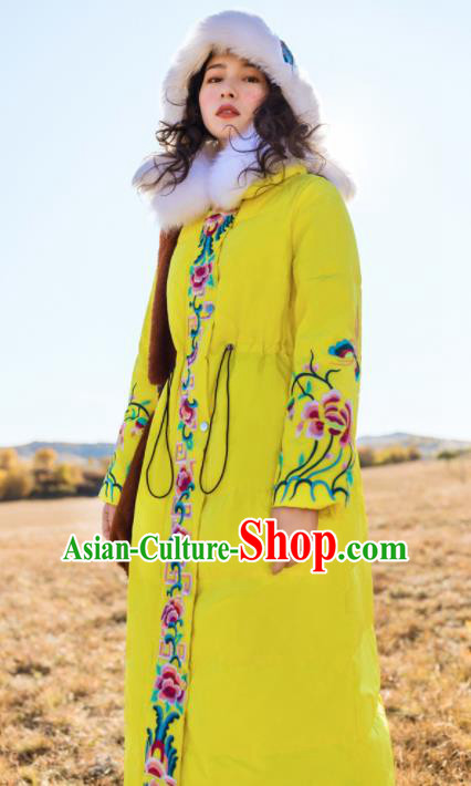 Chinese Traditional Embroidered Yellow Down Coat National Overcoat Costumes for Women